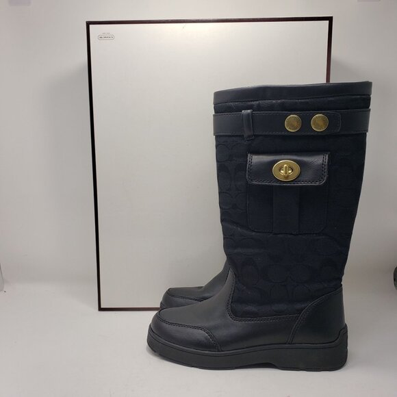 COACH Kayla Black Leather Logo Zipper Boots A7225 Womens 6M - Picture 1 of 13